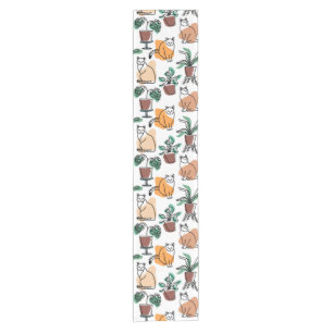 Line art drawing cats and flowers short table runner