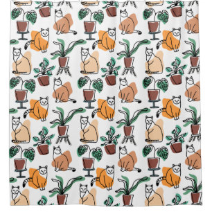 Line art drawing cats and flowers shower curtain