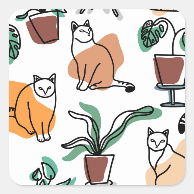 Line art drawing cats and flowers square sticker (Front)
