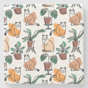 Line art drawing cats and flowers stone coaster