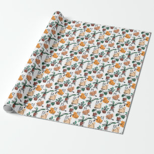 Line art drawing cats and flowers wrapping paper