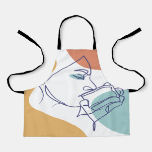 line art drawing poster of woman drinking coffee apron
