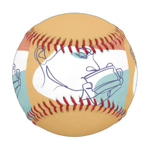 line art drawing poster of woman drinking coffee   baseball