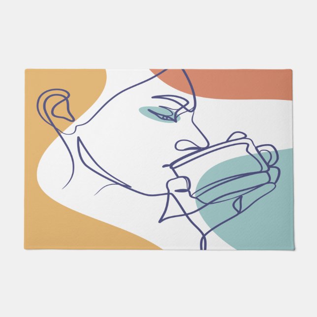 line art drawing poster of woman drinking coffee   doormat (Front)