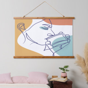 line art drawing poster of woman drinking coffee  hanging tapestry