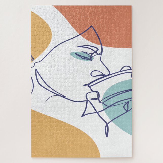 line art drawing poster of woman drinking coffee   jigsaw puzzle (Vertical)