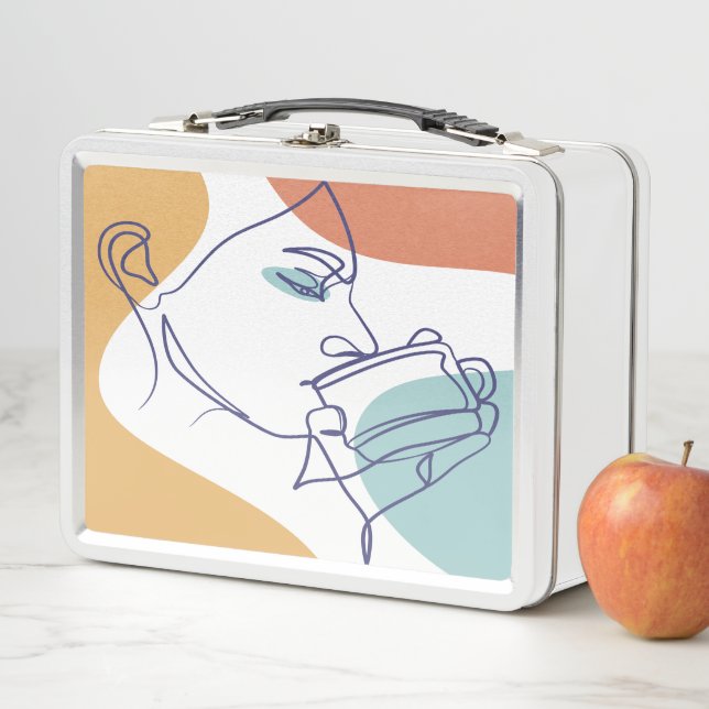 line art drawing poster of woman drinking coffee   metal lunch box (In Situ)