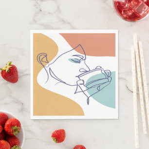 line art drawing poster of woman drinking coffee   napkin