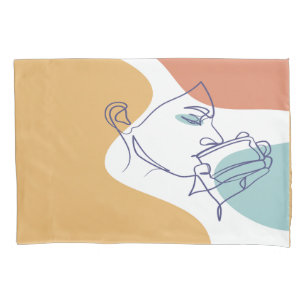 line art drawing poster of woman drinking coffee   pillowcase
