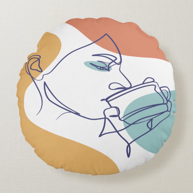 line art drawing poster of woman drinking coffee   round cushion (Front)