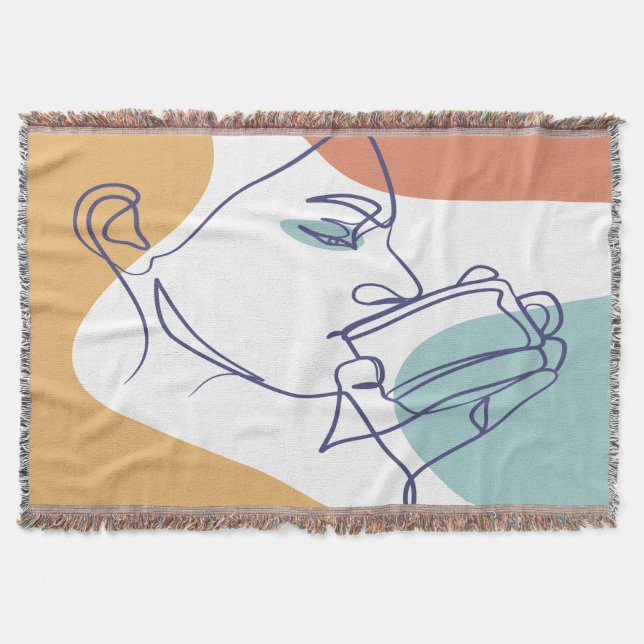line art drawing poster of woman drinking coffee  throw blanket (Front)