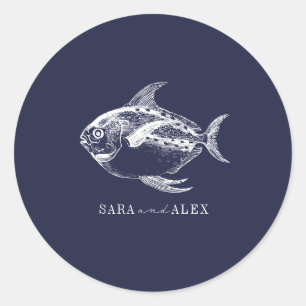 Line Art Fish Dark Blue Beach Wedding Classic Round Sticker