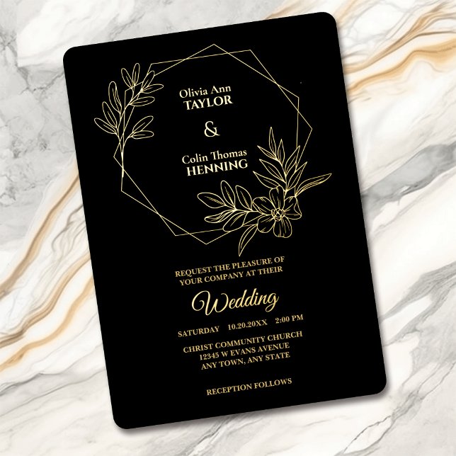 Line Art Floral Frame Photo Wedding Foil Invite (Creator Uploaded)