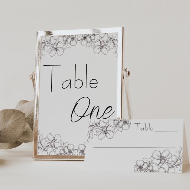 Line Art Floral Wedding Reception Seating Chart Table Number (table numbers wedding floral line art black and white script)