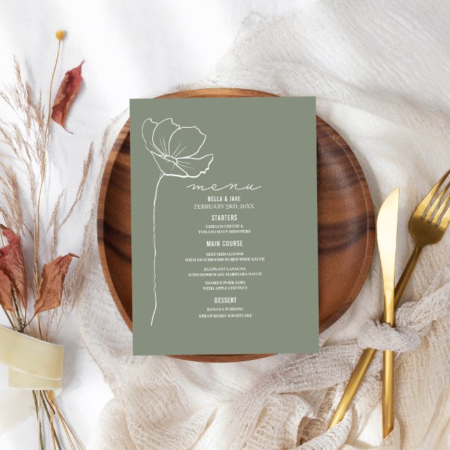 Line Art Flower Sage Green Wedding Menu (Creator Uploaded)
