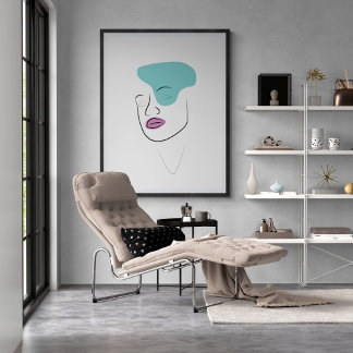 Line art girl face with minimalist abstract poster