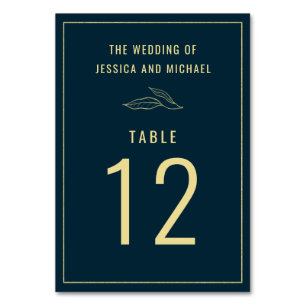 Line Art Gold Leaves Deep Blue Elegant Wedding Table Number