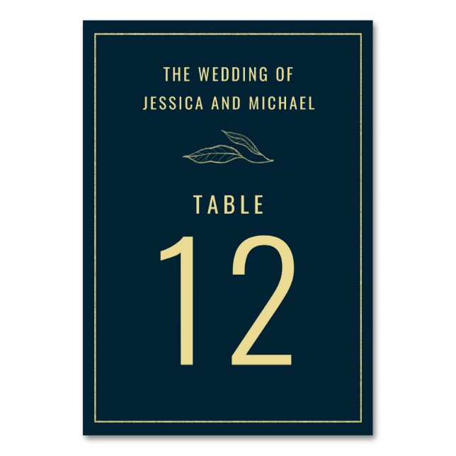 Line Art Gold Leaves Deep Blue Elegant Wedding Table Number (Front)