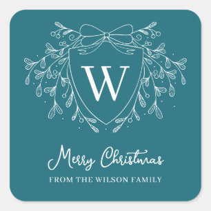 Line art mistletoe blue & white Christmas crest Square Sticker