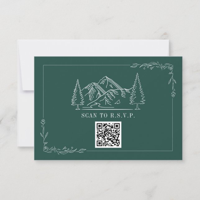 Line Art Mountains Emerald QR Code Wedding RSVP (Front)