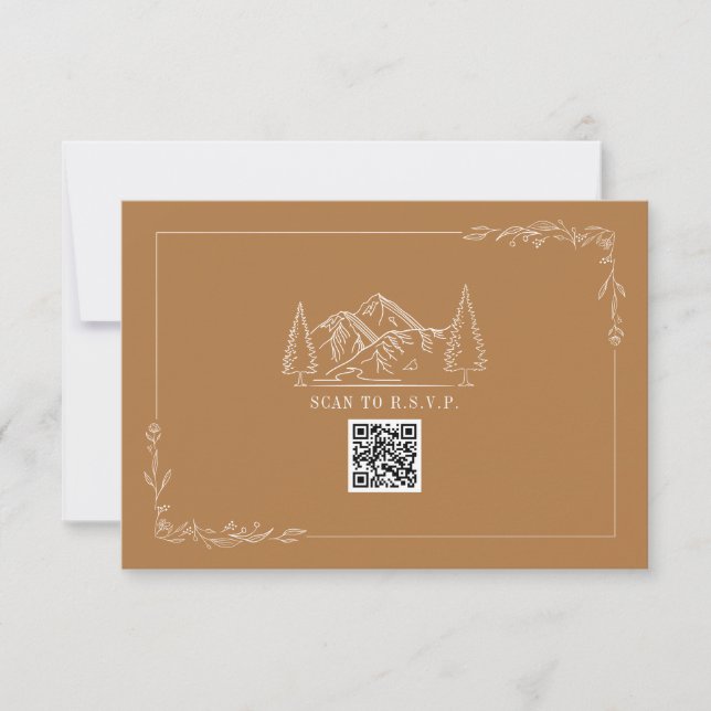 Line Art Mountains Goldenrod QR Code Wedding RSVP (Front)