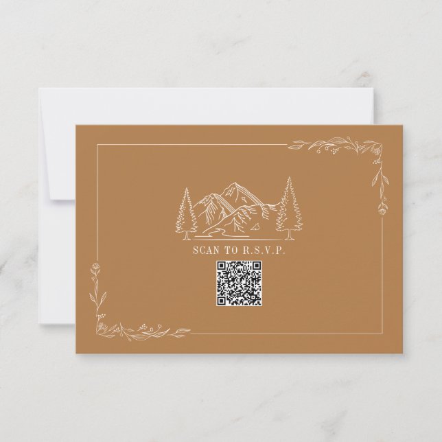 Line Art Mountains Goldenrod QR Code Wedding RSVP Card (Front)