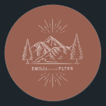 Line Art Mountains Wedding Terracotta Wedding Classic Round Sticker<br><div class="desc">Illustration of mountains with evergreen trees.  Background is dark terracotta colour.</div>