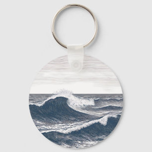 Line Art Ocean Wave Monochrome Surge Key Ring