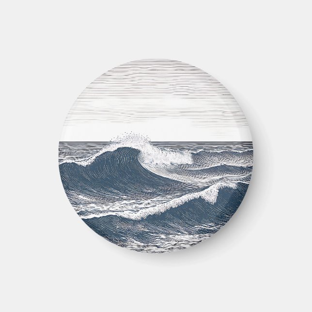 Line Art Ocean Wave Monochrome Surge Magnet (Front)