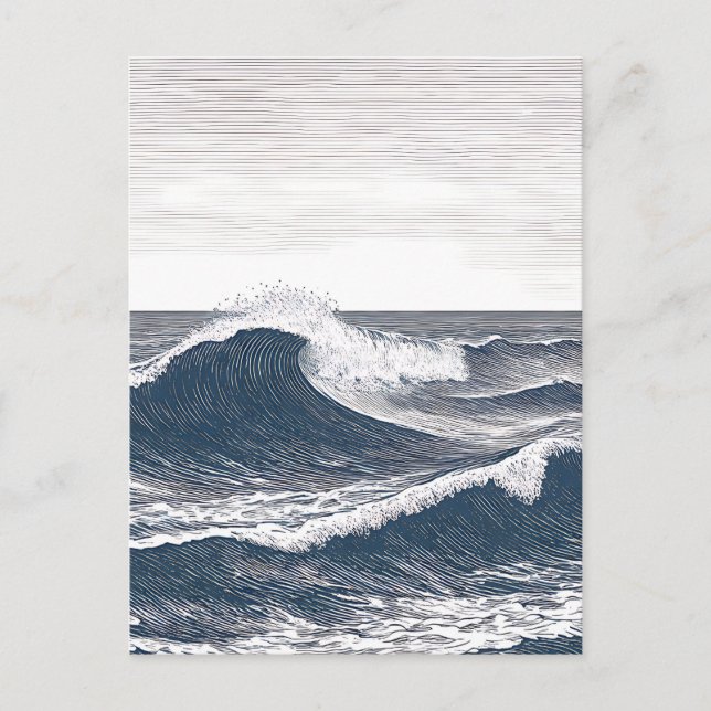 Line Art Ocean Wave Monochrome Surge Postcard (Front)