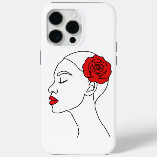 Line Art Portrait of Woman with Red Rose iPhone 15 Pro Max Case