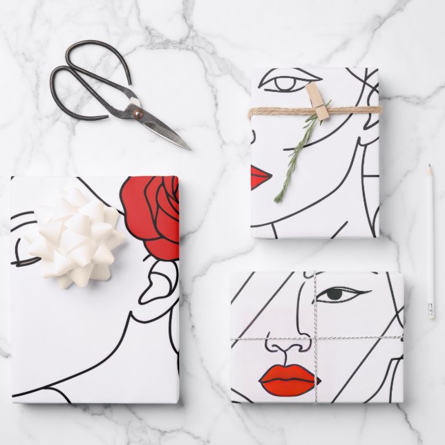 Line Art Portrait of Woman with Red Rose Wrapping Paper Sheet (Front)