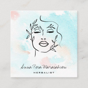 *~* Line Art QR Botanical Woman Greenery Square Business Card