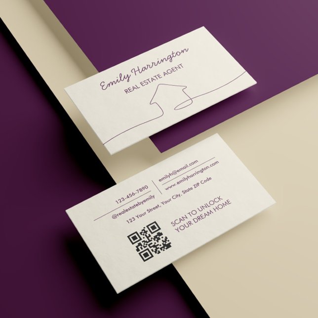 Line Art QR Code Plum Real Estate Agent Business Card (Creator Uploaded)