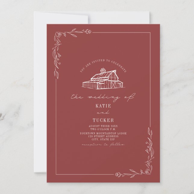 Line Art Rustic Barn Muted Red Wedding QR Invitation (Front)