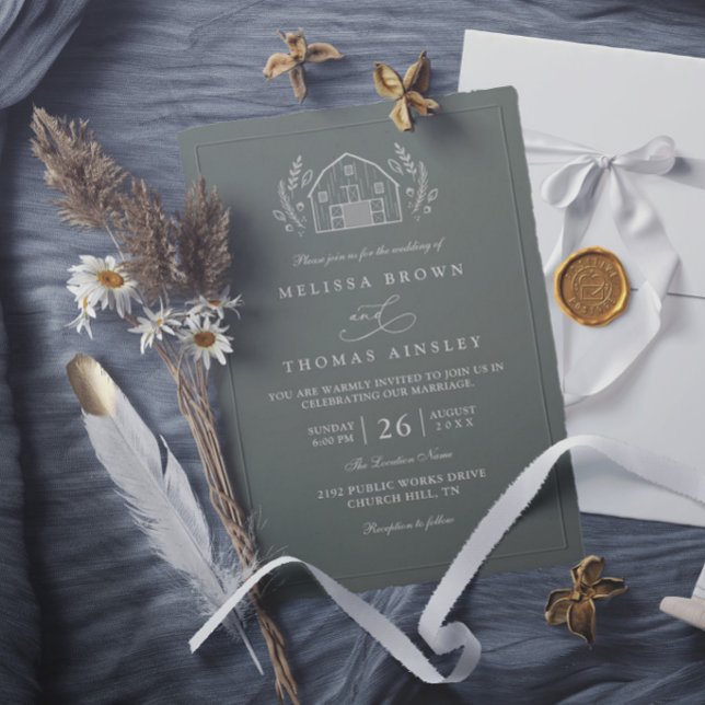 Line Art Rustic Barn Sage Green Elegant Wedding Invitation (Creator Uploaded)