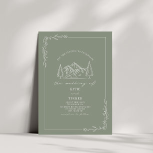 Line Art Rustic Mountains Sage Green Wedding  Invitation