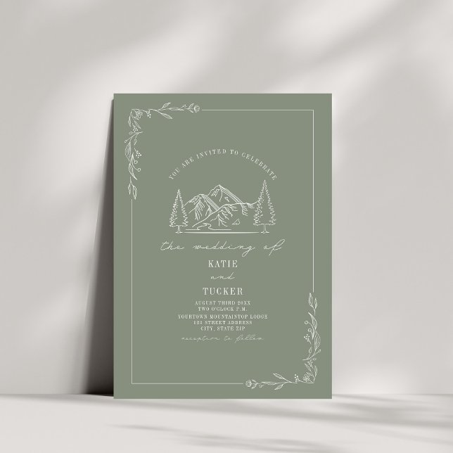 Line Art Rustic Mountains Sage Green Wedding  Invitation (Creator Uploaded)