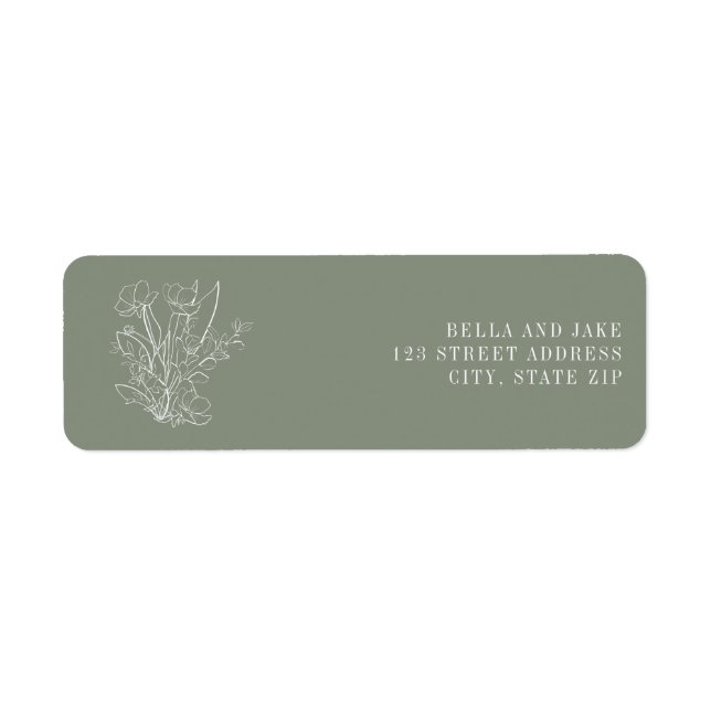 Line Art Sage Green Floral Wedding Label (Front)