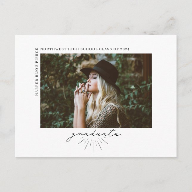 Line Art Script Graduation Horizontal Photo Announ Postcard (Front)