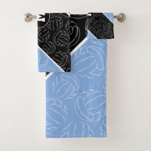 line art sketched volleyballs on light blue black bath towel set