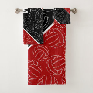 line art sketched volleyballs on red black bath towel set