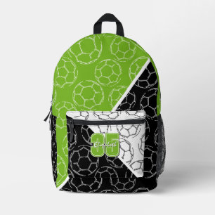 line art soccer balls on green black colour blocks printed backpack
