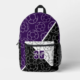 line art soccer balls on purple black colour block printed backpack