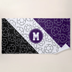 line art soccer balls on purple white black beach towel
