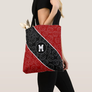 line art volleyballs pattern on red black tote bag