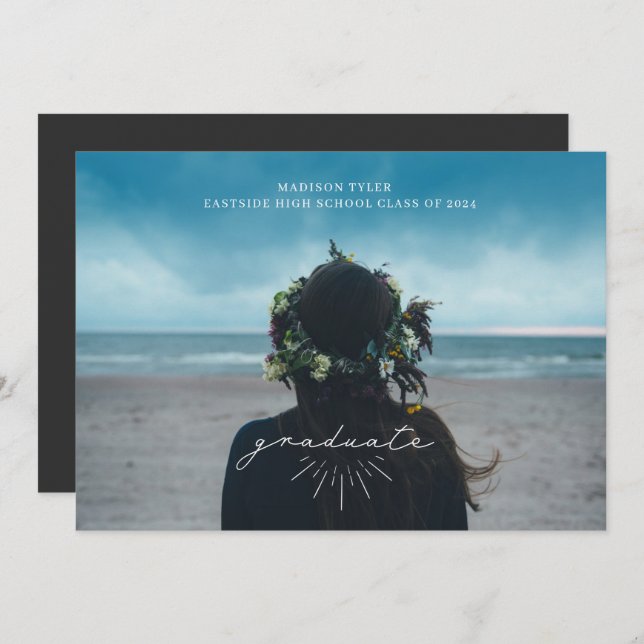 Line Art White Script Graduation Horizontal Photo Announcement (Front/Back)