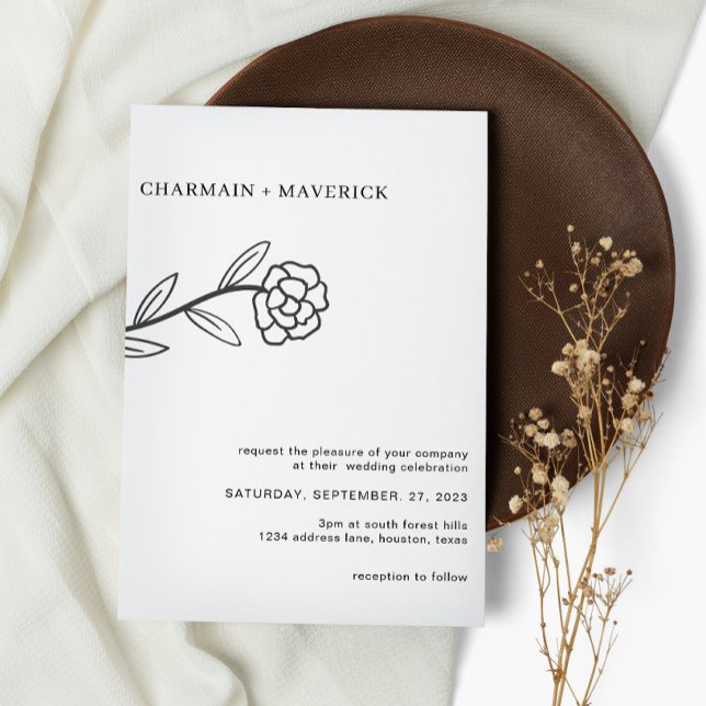 Line Art Wildflower Boho Black and White Wedding Invitation (Creator Uploaded)