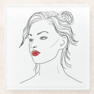 Line Art Woman in Red Lipstick Glass Coaster