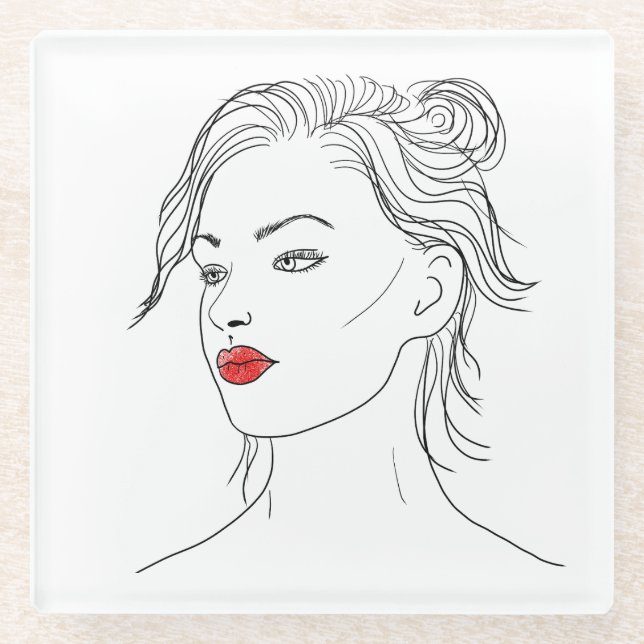 Line Art | Woman in Red Lipstick  Glass Coaster (Front)